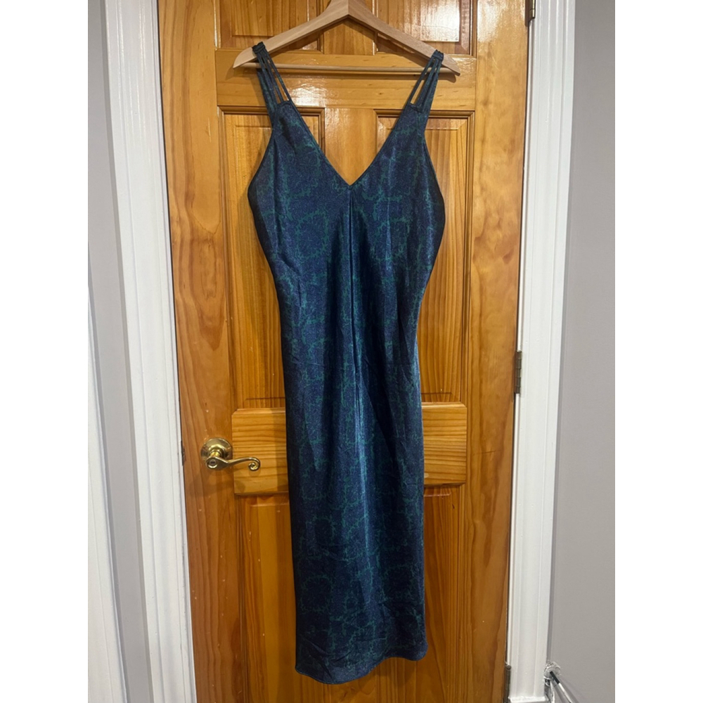 Vintage California of Dynasty Blue and Purple Floral Slip Satin Side Slit Dress